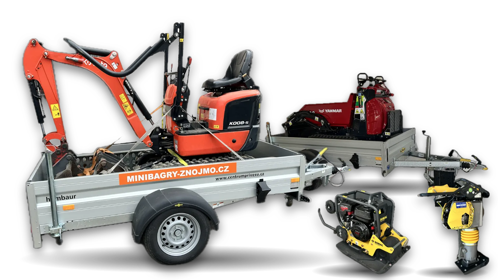 Minibagr Kubota na vozíku, minidumper Yanmar a hutnící technika Bomag k zapůjčení